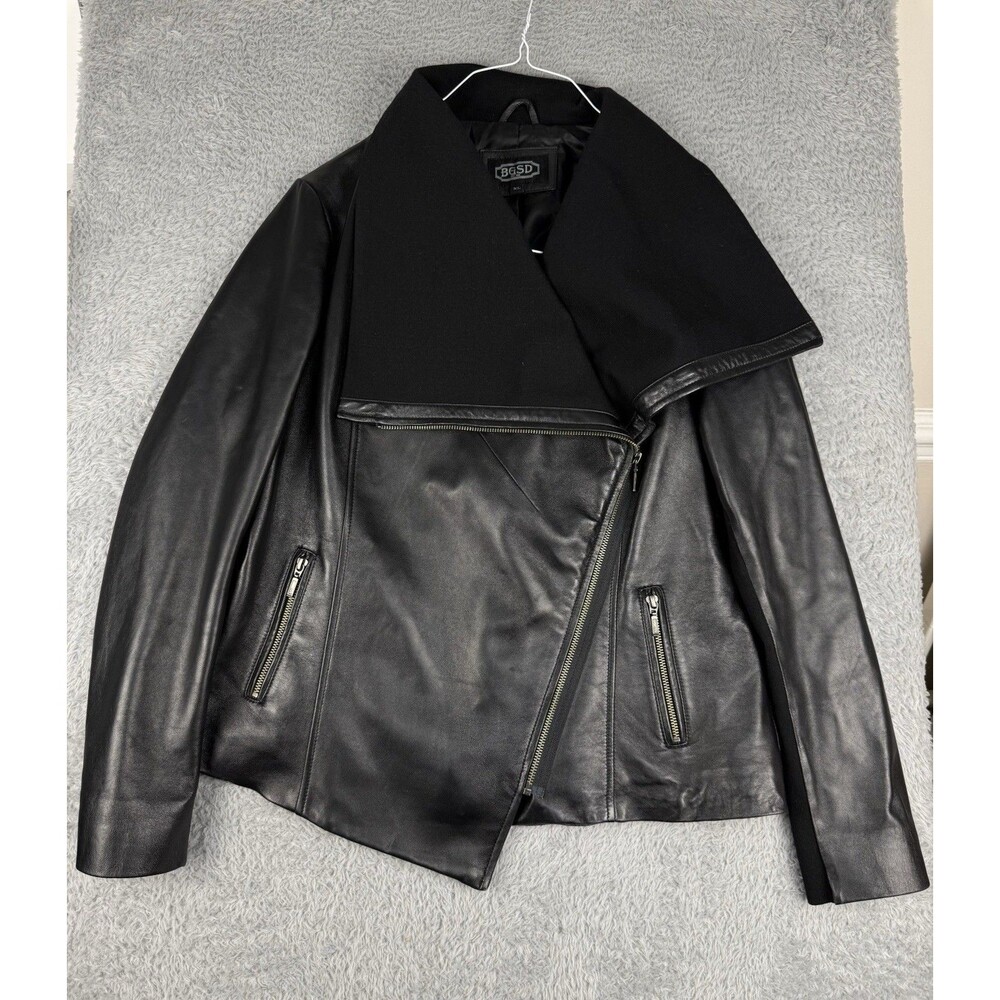 BGSD Womens XL Lamb Leather Asymmetrical Moto Jacket Black Draped Shawl Collar